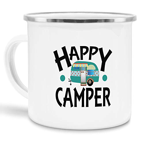 Tassendruck Emaille Tasse Camping lustig - Geschenk zum Camping/Tasse für coole Camper/Geschenk-Idee Campingfreunde - Happy Camper - klein silber Rand von Tassendruck