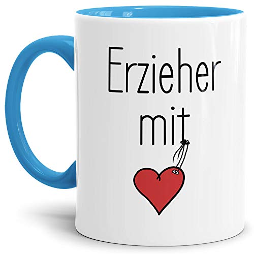 Erzieher-Tasse mit Spruch Erzieher mit Herz - Kindergarten/Abschied/Geschenk-Idee/Dankeschön/Kita/Innen & Henkel Hellblau von Tassendruck