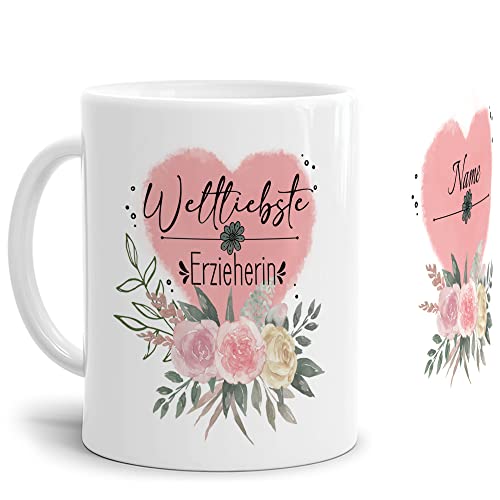 Tassendruck Erzieherin-Tasse - Weltliebste Erzieherin - mit Name Personalisieren, Abschiedsgeschenk Erzieherin, persönliches Geschenk | 300ml, Weiß von Tassendruck