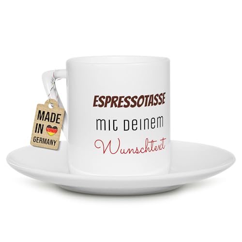 Tassendruck Espressotasse bedrucken mit 3 Zeilen Text - Personalisiert mit Namen, Spruch - Mittig gegenüber vom eckigem Henkel, Persönliches Geschenk, Porzellan-Tasse mit Untertasse, 100 ml von Tassendruck