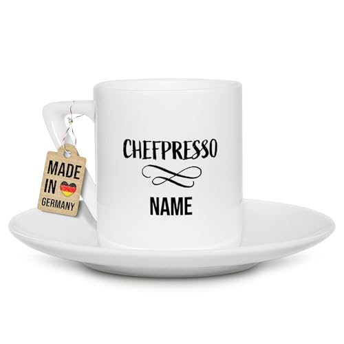 Tassendruck Espressotasse bedruckt mit Name und Spruch - Chefpresso - Persönliches Geschenk für die Chefin oder Chef zum Dienstjubiläum oder Geburtstag - Eckiger Henkel, Porzellan-Tasse, 100 ml von Tassendruck