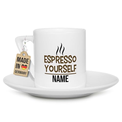 Tassendruck Espressotasse bedruckt mit Name und Spruch - Espresso yourself - Persönliches Geschenk für Freunde, Familie oder Kollegen - Eckiger Henkel, Porzellan-Tasse, 100 ml von Tassendruck