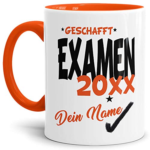 Tassendruck Examen-Tasse Geschafft Examen 20XX - Selbst gestalten mit Jahr und Name zum bestandenen Examen/Abschluss/Lernen/Prüfung/personalisierte Geschenk-Idee/Innen & Henkel Orange von Tassendruck