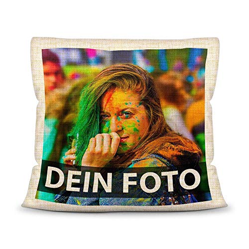 Tassendruck Foto-Kissen Selbst gestalten aus Leinen in Naturfarbe (40 x 40 cm)- mit Foto individuell Bedruckt/aus 100% Polyester/Personalisierte Geschenk-Idee/Kopf-Kissen inkl. Füllung von Tassendruck