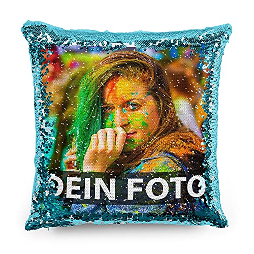 Tassendruck Foto-Kissen mit bedruckten blauen Wendepailletten Selbst gestalten (40 x 40 cm) - mit Foto individuell Bedruckt/Personalisierte Geschenk-Idee/Deko-Kissen inkl. Füllung von Tassendruck