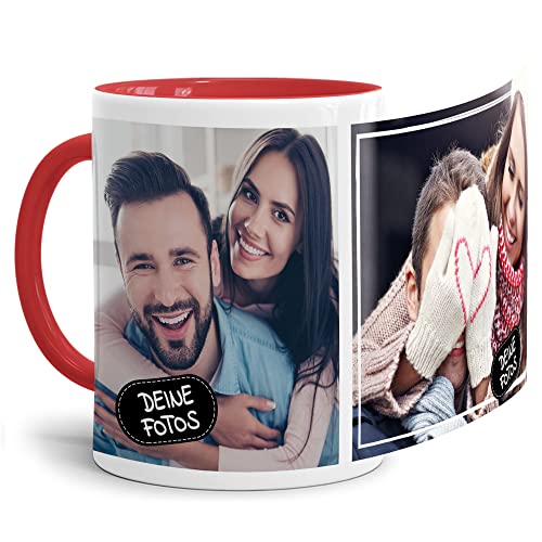 Tassendruck Foto-Tasse zum selbst gestalten mit Foto-Collage für 2 Wunschfotos - Geschenk für Familie, Freunde, Geburtstag, Weihnachten - Keramik Innen & Henkel Rot, 300 ml I Personalisiert von Tassendruck