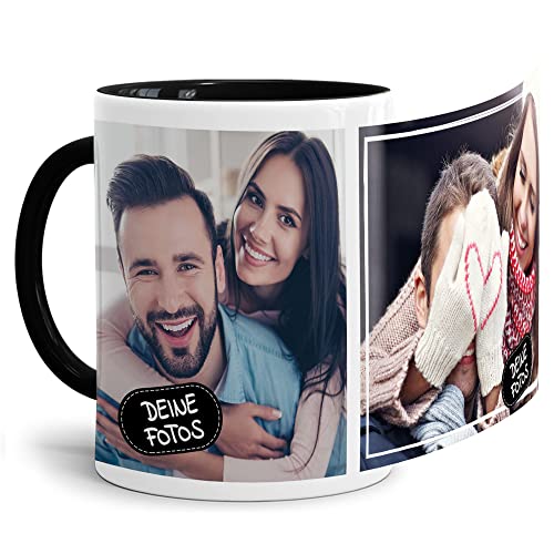 Tassendruck Foto-Tasse zum selbst gestalten mit Foto-Collage für 2 Wunschfotos - Geschenk für Familie, Freunde, Geburtstag, Weihnachten - Keramik Innen & Henkel Schwarz, 300 ml I Personalisiert von Tassendruck