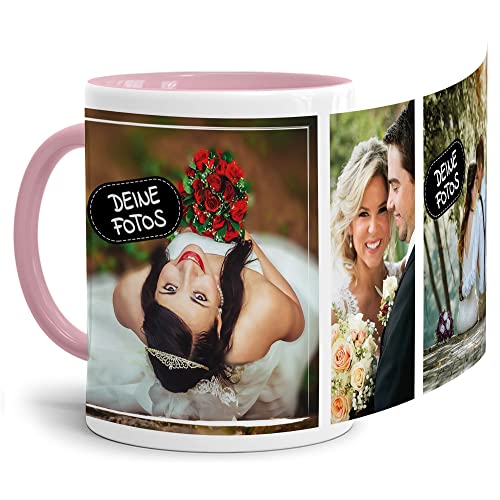 Tassendruck Foto-Tasse zum selbst gestalten mit Foto-Collage für 3 Wunschfotos - Geschenk für Familie, Freunde, Geburtstag, Weihnachten - Keramik Innen & Henkel Rosa, 300 ml I Personalisiert von Tassendruck