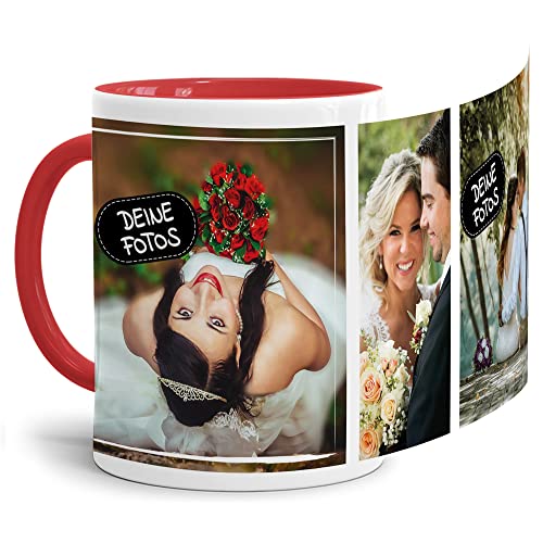 Tassendruck Foto-Tasse zum selbst gestalten mit Foto-Collage für 3 Wunschfotos - Geschenk für Familie, Freunde, Geburtstag, Weihnachten - Keramik Innen & Henkel Rot, 300 ml I Personalisiert von Tassendruck