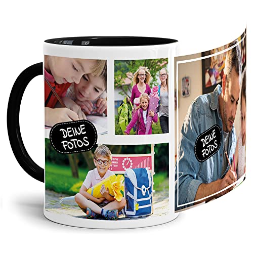 Tassendruck Foto-Tasse zum selbst gestalten mit Foto-Collage für 4 Wunschfotos - Geschenk für Familie, Freunde, Geburtstag, Weihnachten - Keramik Innen & Henkel Schwarz, 300 ml I Personalisiert von Tassendruck