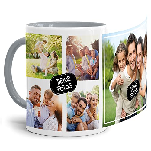 Tassendruck Foto-Tasse zum selbst gestalten mit Foto-Collage für 5 Wunschfotos - Geschenk für Familie, Freunde, Geburtstag, Weihnachten - Keramik Innen & Henkel Grau, 300 ml I Personalisiert von Tassendruck