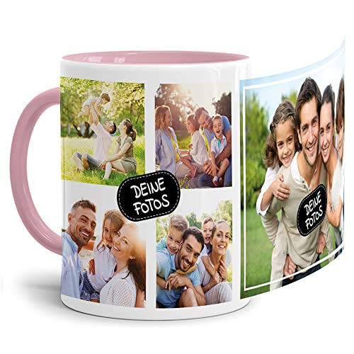 Tassendruck Foto-Tasse zum selbst gestalten mit Foto-Collage für 5 Wunschfotos - Geschenk für Familie, Freunde, Geburtstag, Weihnachten - Keramik Innen & Henkel Rosa, 300 ml I Personalisiert von Tassendruck