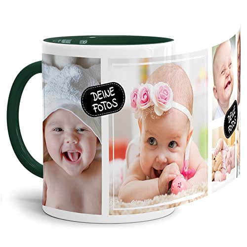 Tassendruck Foto-Tasse zum selbst gestalten mit Foto-Collage für 6 Wunschfotos - Geschenk für Familie, Freunde, Geburtstag, Weihnachten - Keramik Innen & Henkel Dunkelgrün, 300 ml I Personalisiert von Tassendruck