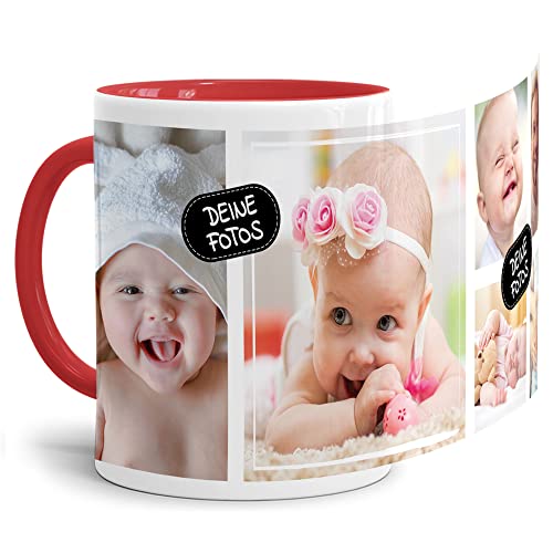 Tassendruck Foto-Tasse zum selbst gestalten mit Foto-Collage für 6 Wunschfotos - Geschenk für Familie, Freunde, Geburtstag, Weihnachten - Keramik Innen & Henkel Rot, 300 ml I Personalisiert von Tassendruck