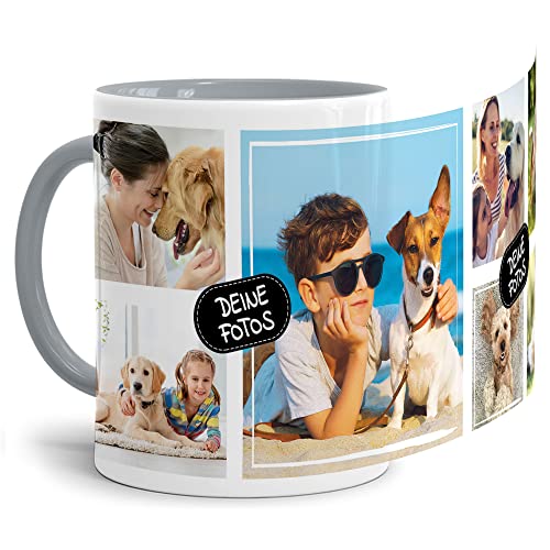 Tassendruck Foto-Tasse zum selbst gestalten mit Foto-Collage für 7 Wunschfotos - Geschenk für Familie, Freunde, Geburtstag, Weihnachten - Keramik Innen & Henkel Grau, 300 ml I Personalisiert von Tassendruck