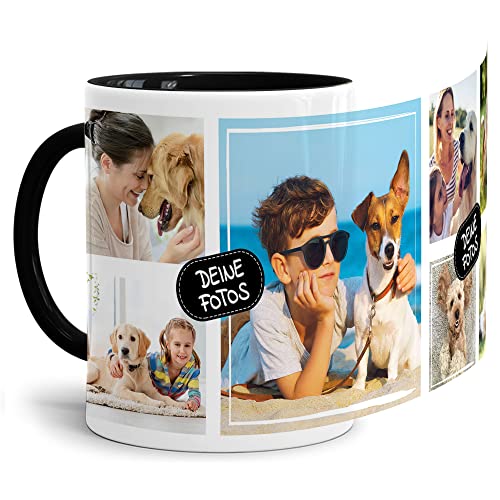 Tassendruck Foto-Tasse zum selbst gestalten mit Foto-Collage für 7 Wunschfotos - Geschenk für Familie, Freunde, Geburtstag, Weihnachten - Keramik Innen & Henkel Schwarz, 300 ml I Personalisiert von Tassendruck