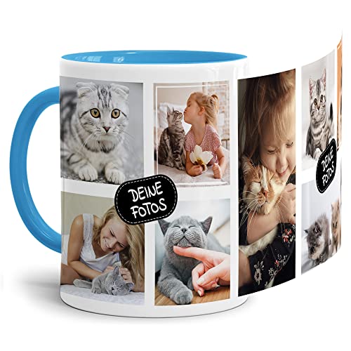 Tassendruck Foto-Tasse zum selbst gestalten mit Foto-Collage für 8 Wunschfotos - Geschenk für Familie, Freunde, Geburtstag, Weihnachten - Keramik Innen & Henkel Hellblau, 300 ml I Personalisiert von Tassendruck