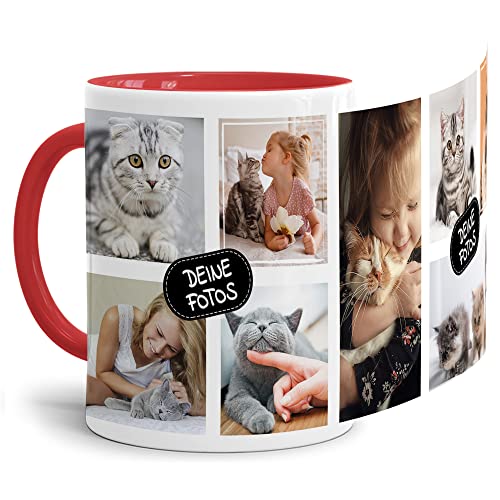 Tassendruck Foto-Tasse zum selbst gestalten mit Foto-Collage für 8 Wunschfotos - Geschenk für Familie, Freunde, Geburtstag, Weihnachten - Keramik Innen & Henkel Rot, 300 ml I Personalisiert von Tassendruck