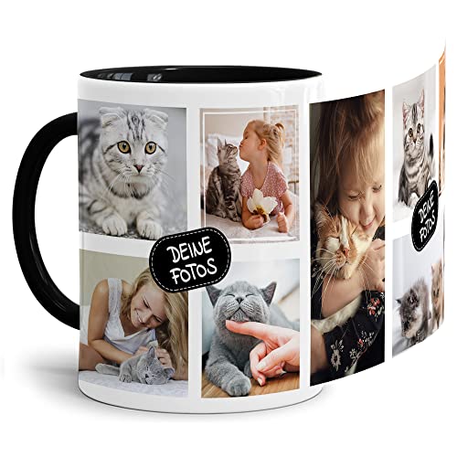 Tassendruck Foto-Tasse zum selbst gestalten mit Foto-Collage für 8 Wunschfotos - Geschenk für Familie, Freunde, Geburtstag, Weihnachten - Keramik Innen & Henkel Schwarz, 300 ml I Personalisiert von Tassendruck