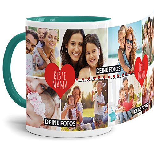Tassendruck Fototasse mit Spruch - Beste Mama - zum Selbst gestalten mit Foto-Collage für 8 Fotos, Innen & Henkel Türkis, 300 ml von Tassendruck