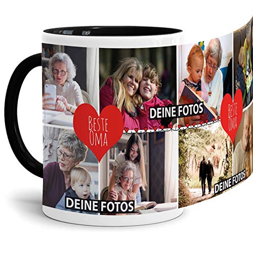 Tassendruck Fototasse mit Spruch - Beste Oma - zum Selbst gestalten mit Foto-Collage für 8 Fotos, Innen & Henkel Schwarz, 300 ml von Tassendruck