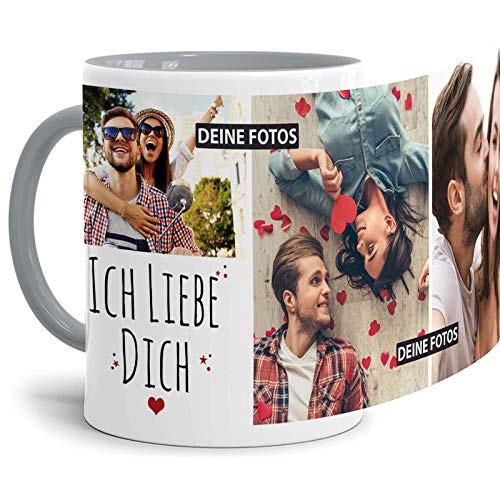 Tassendruck Fototasse mit Spruch - Ich liebe Dich - zum Selbst gestalten mit 3 Fotos, Innen & Henkel Grau, 300 ml von Tassendruck