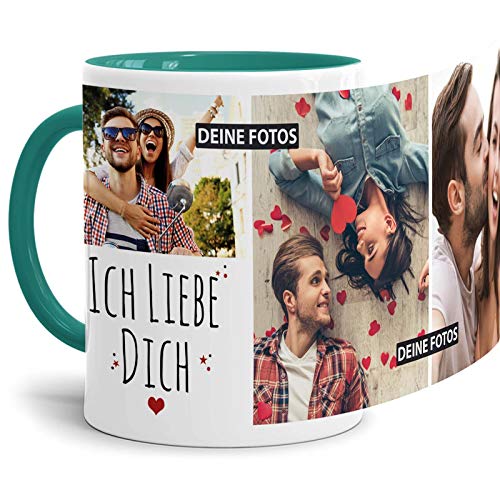 Tassendruck Fototasse mit Spruch - Ich liebe Dich - zum Selbst gestalten mit 3 Fotos, Innen & Henkel Türkis, 300 ml von Tassendruck