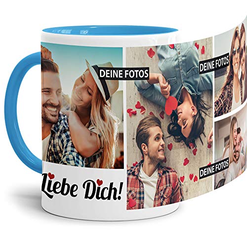 Tassendruck Fototasse mit Spruch - Ich liebe Dich - zum Selbst gestalten personalisiert mit 4 Fotos, Innen & Henkel Hellblau, 300 ml von Tassendruck