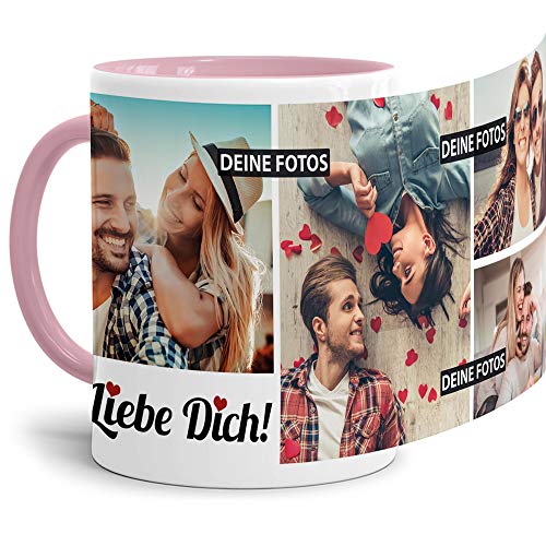 Tassendruck Fototasse mit Spruch - Ich liebe Dich - zum Selbst gestalten personalisiert mit 4 Fotos, Innen & Henkel Rosa, 300 ml von Tassendruck