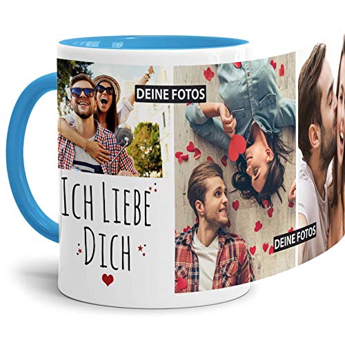 Tassendruck Fototasse mit Spruch - Ich liebe Dich - zum Selbst gestalten mit 3 Fotos, Innen & Henkel Hellblau, 300 ml von Tassendruck