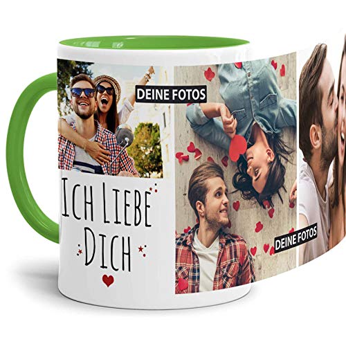 Tassendruck Fototasse mit Spruch - Ich liebe Dich - zum Selbst gestalten mit 3 Fotos, Innen & Henkel Hellgrün, 300 ml von Tassendruck