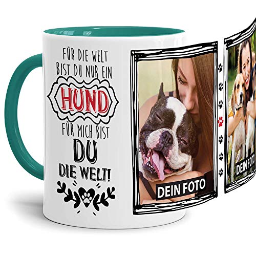 Tassendruck Fototasse mit Spruch - mein Hund, meine Welt - zum Selbst gestalten mit 2 Fotos für Hundebesitzer, Innen & Henkel Türkis, 300 ml von Tassendruck