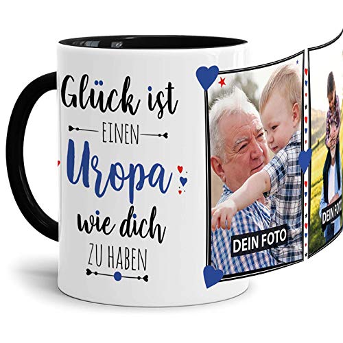 Tassendruck Fototasse mit Spruch für Uropa - Glück ist, jemanden wie Dich zu haben - zum Selbst gestalten mit 2 Fotos, Innen & Henkel Schwarz, 300 ml von Tassendruck