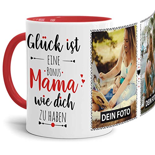 Tassendruck Fototasse mit Spruch für die Bonus Mama - Glück ist, jemanden wie Dich zu haben - zum Selbst gestalten mit 2 Fotos, Innen & Henkel Rot, 300 ml von Tassendruck