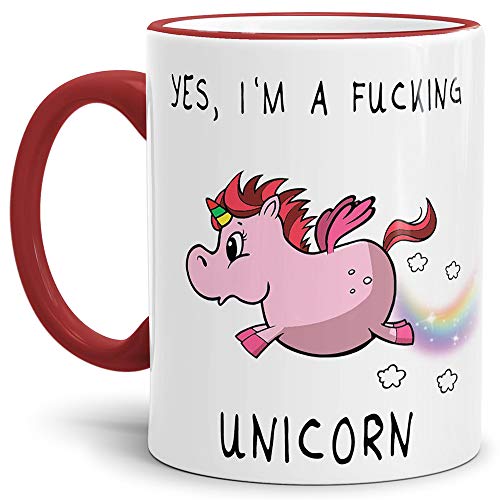 Tassendruck Fucking Unicorn/Einhorn/Farbtasse Rand-Henkel Rot mit Spruch - Kaffeetasse Mug Cup Yes, I´m a Fucking Unicorn - Qualität Made in Germany von Tassendruck