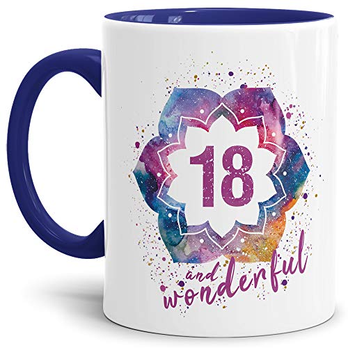 Tassendruck Geburtstags-Tasse 18 and Wonderful Geburtstags-Geschenk zum 18. Geburtstag als Geschenkidee für die Frau/Abstrakt/Bunt/Kaffeetasse/Innen & Henkel Dunkelblau von Tassendruck