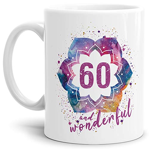Tassendruck Geburtstags-Tasse 60 and Wonderful Geburtstags-Geschenk zum 60. Geburtstag als Geschenkidee für die Frau/Abstrakt/Bunt/Kaffeetasse/Weiss von Tassendruck