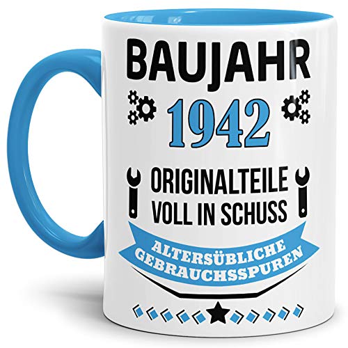 Geburtstags-Tasse Baujahr 1942" Innen & Henkel Hellblau/Kaffee-Tasse/Mug/Cup/Becher/Lustig/Witzig/Fun/Geschenk-Idee/Geburts-Jahr/Scherz-Artikel/Geburtstags-Geschenk von Tassendruck