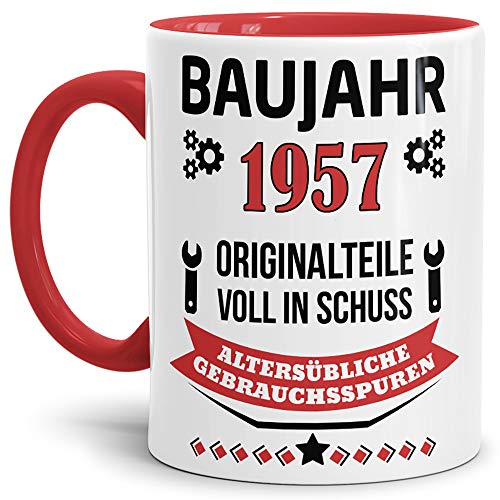 Geburtstags-Tasse Baujahr 1957" Innen & Henkel Rot/Kaffee-Tasse/Mug/Cup/Becher/Lustig/Witzig/Fun/Geschenk-Idee/Geburts-Jahr/Scherz-Artikel/Geburtstags-Geschenk von Tassendruck