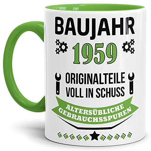 Geburtstags-Tasse Baujahr 1959" Innen & Henkel Hellgrün/Kaffee-Tasse/Mug/Cup/Becher/Lustig/Witzig/Fun/Geschenk-Idee/Geburts-Jahr/Scherz-Artikel/Geburtstags-Geschenk von Tassendruck