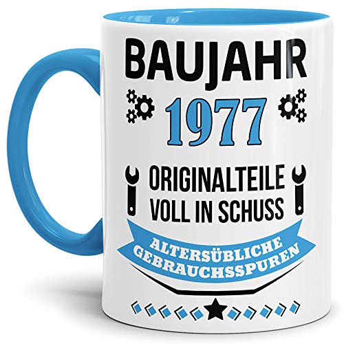 Geburtstags-Tasse Baujahr 1977" Innen & Henkel Hellblau/Kaffee-Tasse/Mug/Cup/Becher/Lustig/Witzig/Fun/Geschenk-Idee/Geburts-Jahr/Scherz-Artikel/Geburtstags-Geschenk von Tassendruck