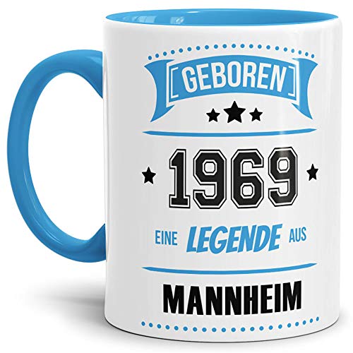 Tassendruck Geburtstags-Tasse Geboren 1969 Eine Legende aus Mannheim Innen & Henkel Hellblau/Geschenk/mit Spruch/Mug/Cup/Becher/Qualität Made in Germany von Tassendruck