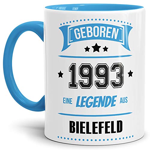 Tassendruck Geburtstags-Tasse Geboren 1993 Eine Legende aus Bielefeld Innen & Henkel Hellblau/Geschenk/mit Spruch/Mug/Cup/Becher/Qualität Made in Germany von Tassendruck