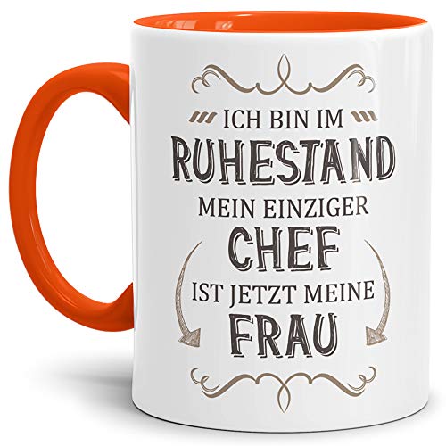 Tassendruck Geschenk-Tasse Zum Ruhestand mit Lustigem Spruch:Mein einziger Chef ist Jetzt Meine Frau/Rente/Rentner/Pension/Abschieds-Geschenk/Innen & Henkel Orange Tassendruck Geschenk-Tasse Zum Ruhestand mit Lustigem Spruch:Mein einziger Chef ist Jetzt Meine Frau/Rente/Rentner/Pension/Abschieds-Geschenk/Innen & Henkel Orange von Tassendruck