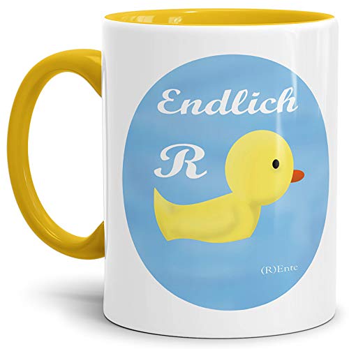 Tassendruck Geschenk-Tasse zum Ruhestand mit Spruch: Endlich (R) Ente/Rente/Rentner/Pension/Abschieds-Geschenk/Innen & Henkel Gelb von Tassendruck