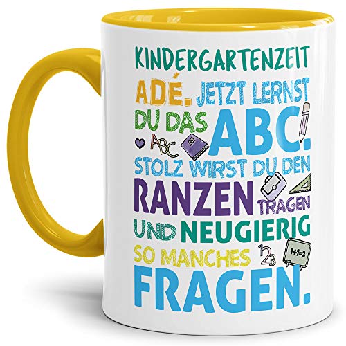 Tassendruck Geschenk Tasse für Kinder zur Einschulung - Kindergartenzeit adé - Abschied Kita/Geschenkidee Schulkind/Erinnerung Kitazeit - Innen & Henkel Gelb von Tassendruck