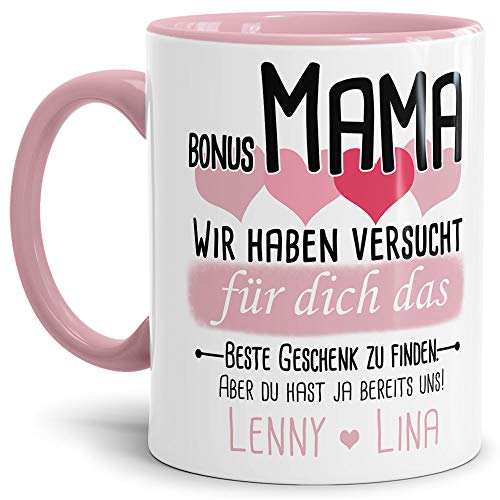 Tassendruck Geschenk Tasse mit Spruch PERSONALISIERT - Bestes Geschenk für Bonus-Mama von Kindern - Kaffee-Tasse/Geschenkidee Geburtstag Muttertag/Muttertagsgeschenk - Innen & Henkel Rosa von Tassendruck