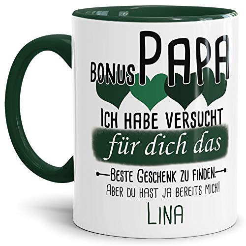 Tassendruck Geschenk Tasse mit Spruch PERSONALISIERT - Bestes Geschenk für Bonus-Papa von Kind - Kaffee-Tasse/Geschenkidee Geburtstag Vatertag/Vatertagsgeschenk - Innen & Henkel Dunkelgrün von Tassendruck