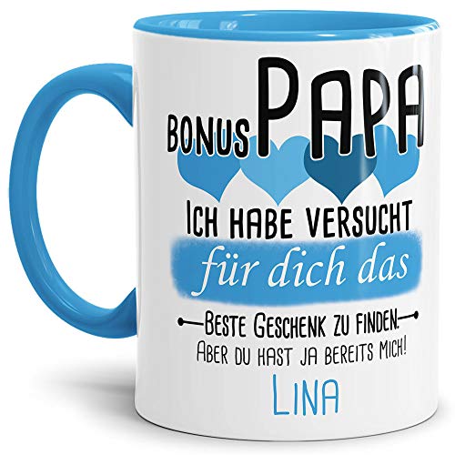 Tassendruck Geschenk Tasse mit Spruch PERSONALISIERT - Bestes Geschenk für Bonus-Papa von Kind - Kaffee-Tasse/Geschenkidee Geburtstag Vatertag/Vatertagsgeschenk - Innen & Henkel Hellblau von Tassendruck