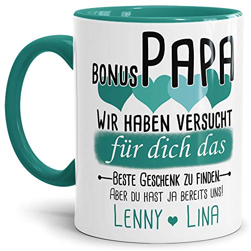 Tassendruck Geschenk Tasse mit Spruch PERSONALISIERT Bonus-Papa von Kindern - Kaffee-Tasse/Geschenkidee Geburtstag Vatertag/Vatertagsgeschenk - Innen & Henkel Türkis von Tassendruck